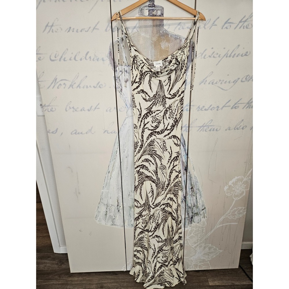 R.G. Kane Cleo Maxi Dress M Cream Brown Wheat Print Cowl Neck Bias Cut Boho